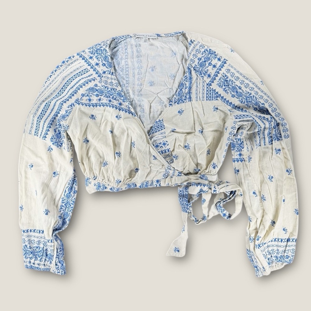 Maison d'Amélie Paris Linen Blend Wrap Top S Blue White Tile Print Crop Boho‎